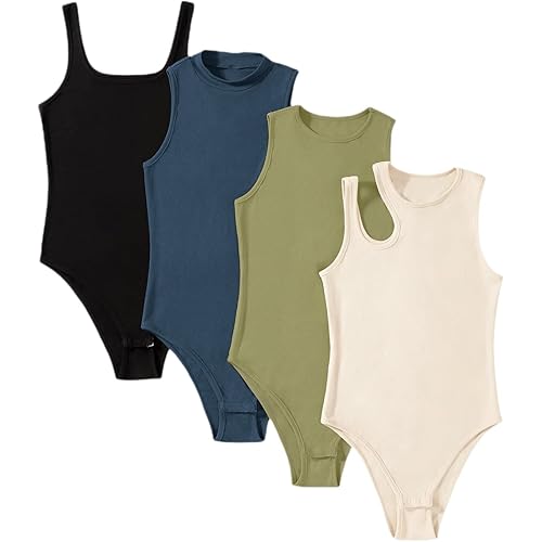MakeMeChic Women's 4 Piece Sexy Bodysuits Casual Solid Sleeveless Ribbed Knit Shapewear Tank Top Bodysuits