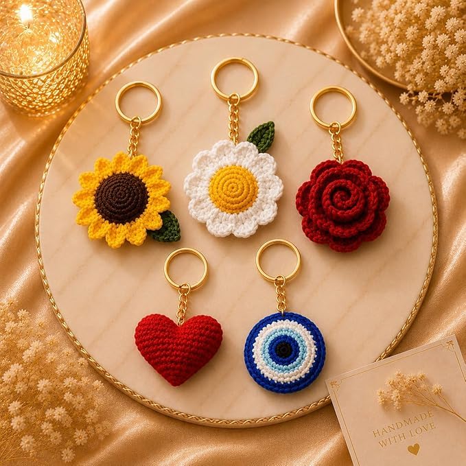 Handmade Crochet Keychain Combo Set of 5 for Women & Girls | Sunflower, Daisy, Rose, Heart & Evil Eye Key Rings | Cute Aesthetic Bag Charm Car Keychain Gift Accessories-image-35