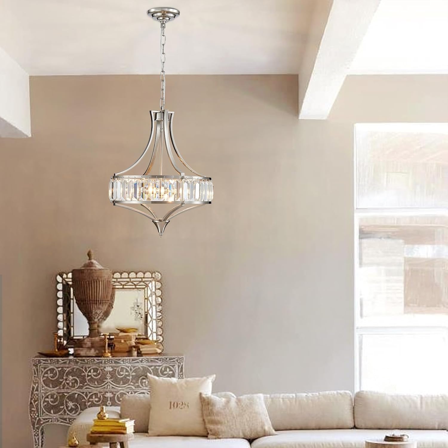 Crystal Chandeliers for Dining Room, Round Rustic Farmhouse Chandelier, Metal Shade, 4-Light Modern Brushed Nickel Chandelier for Hallway, Bedroom, Foyer