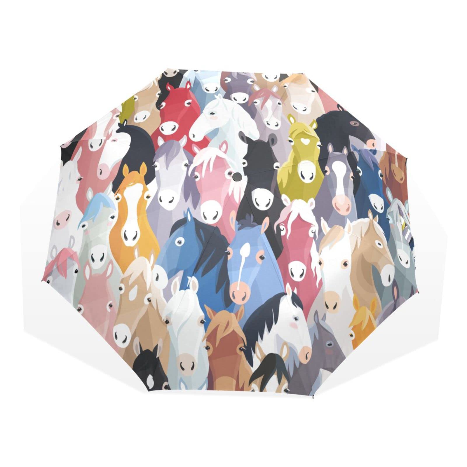 Poeticcity Seamless Colourful Cartoon Horse Heads Texture Travel Umbrella, Hand Open Close Windproof Waterproof Folding Umbrella, Black Tape Compact Canopy Strong Anti UV Ray Parasol