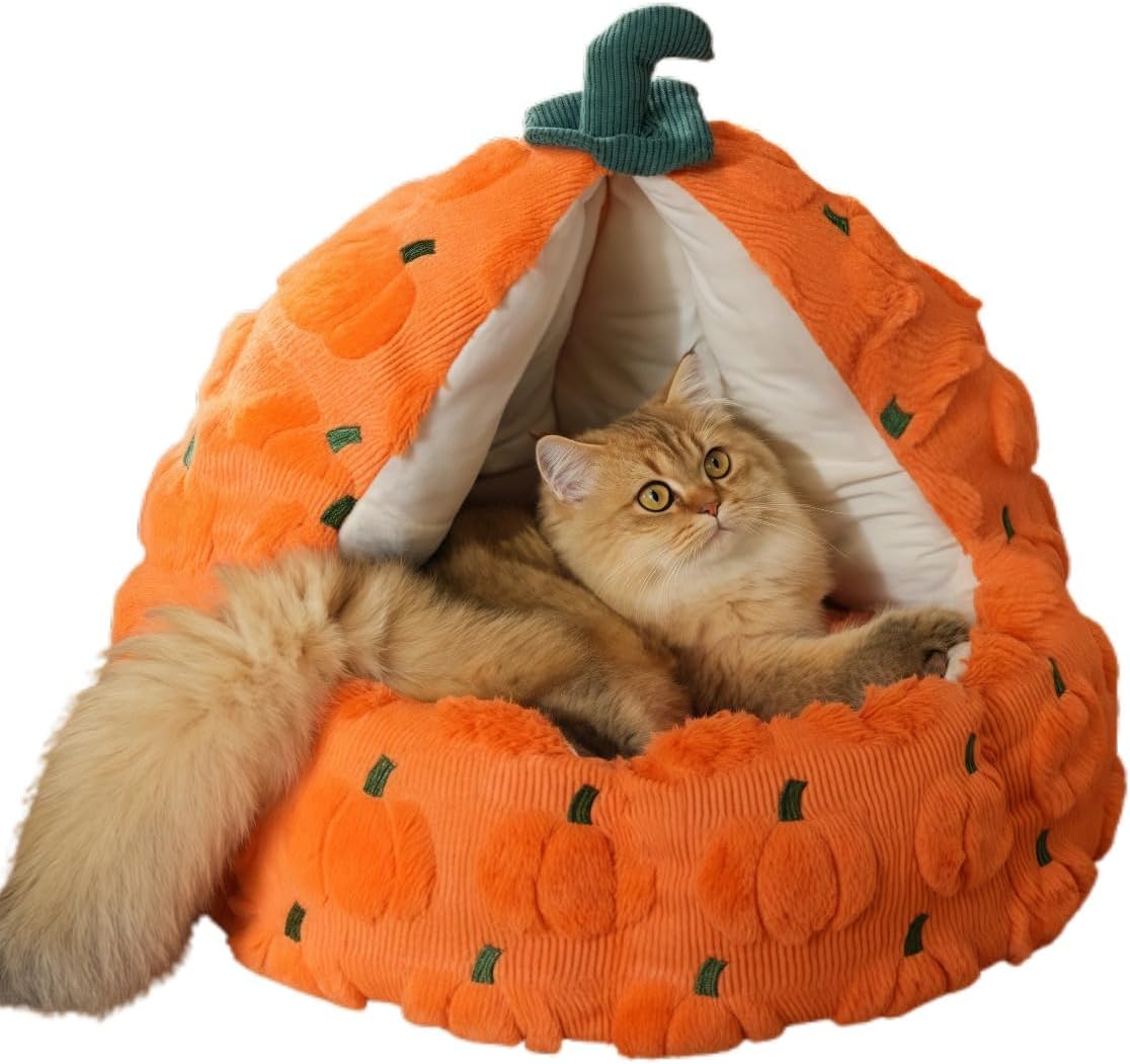 カボチャの猫用ベッド、四季に適しており、半密閉型デザイン、取り外し可能なマット、猫と犬の両方に適しており、お手入れが簡単です。 (6