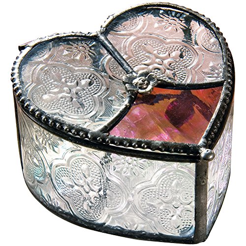 Glass Heart Keepsake Box with Pink Rose Decorative Jewelry Trinket Display Valentine's Day Mother's Day Gift - J Devlin Box 520