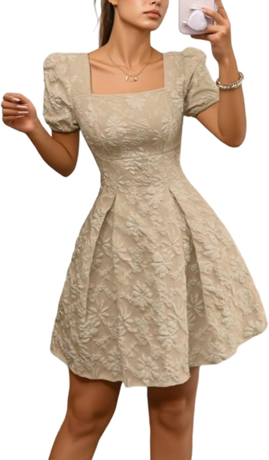 Women's Floral Square Neck Dress Puff Sleeve Ruffle Hem A Line Boho Print Elegant Mini Dresses