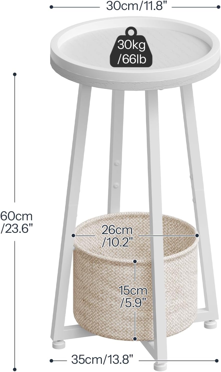 HOOBRO Small Round Side Table, 2-Tier Round Sofa End Table, Compact Nightstand with Cotton Linen Storage Basket, for Small Space, Living Room, Bedroom, Dorm, White WW183BZ01