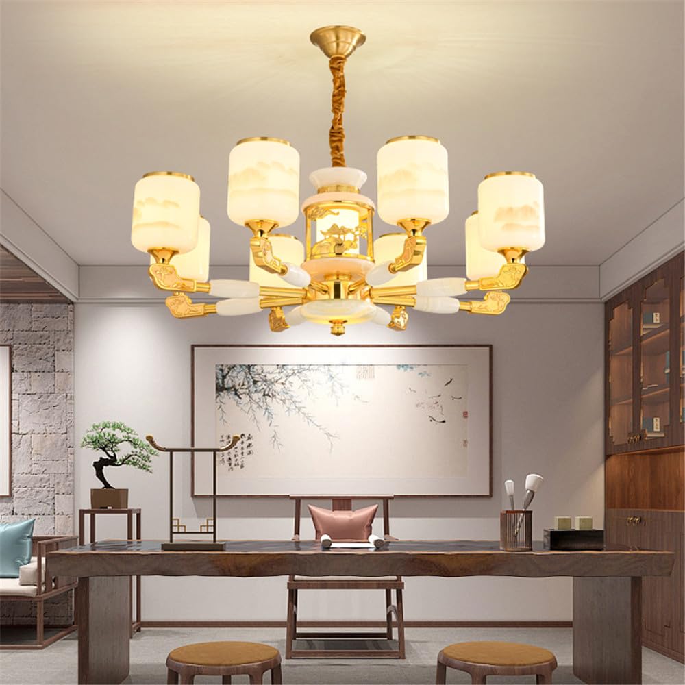 LYMSXAZOU Contemporary Luxury Brass Chandelier LED Chinese Style Living Room Bedroom Dining Villa Hotel Tearoom Cafe Pendent Lights (A 8 Lights)