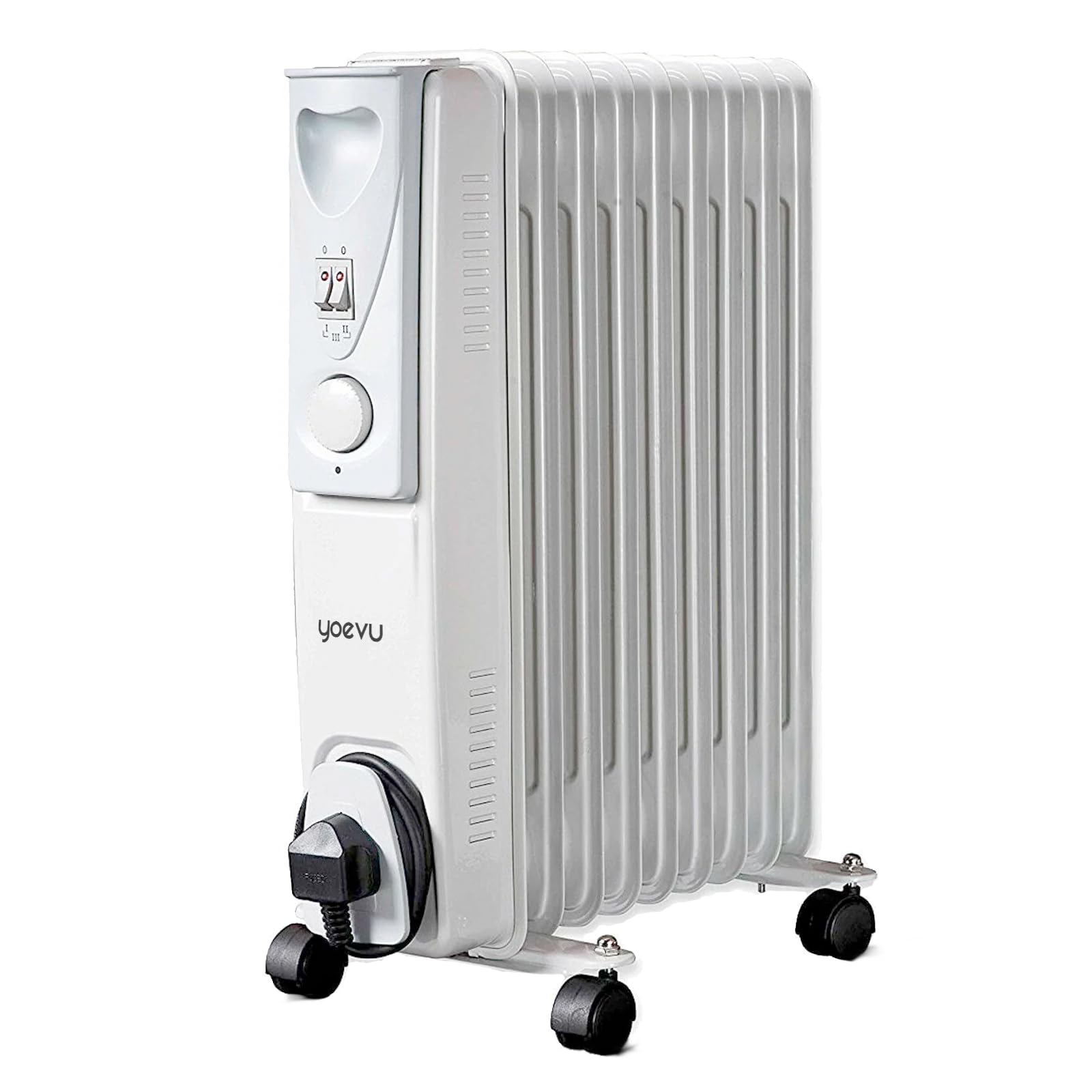 YOEVU | Radiador de aceite | 2000W, blanco, 9 elementos | Termostato regulable, 3 niveles de potencia, ruedas EasyGo, sistema de seguridad | Calefacción eficiente y bajo consumo