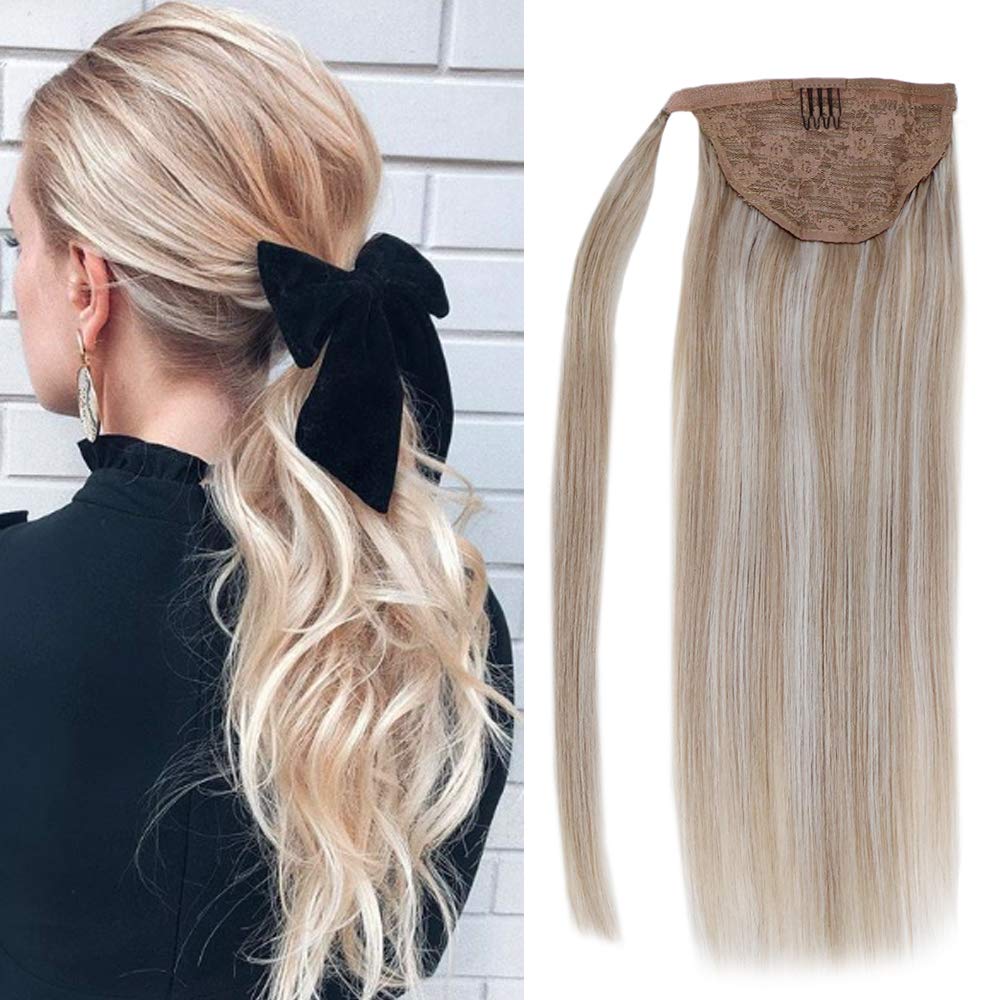 14inch Clip in Ponytail Extension Wrap Around Pony Tail Human Hair  Highlight Long Straight Thick Remy Balayage Piano Color Ash Blonde Mixed  with Light