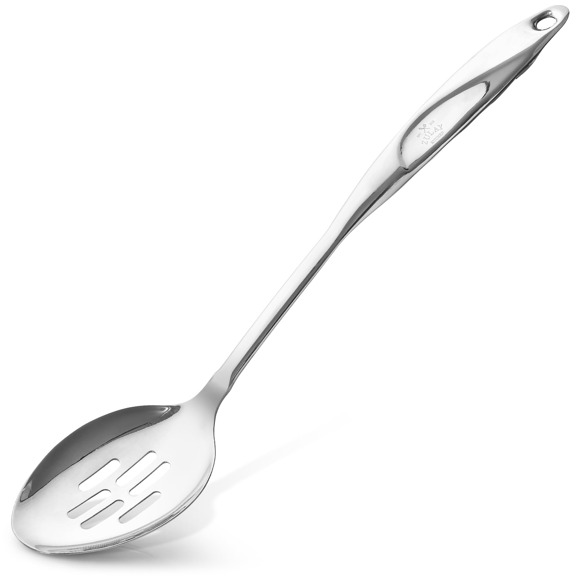 Zulay Kitchen Stainless Steel Slotted Spoon - Large Cooking Spoon - Durable Premium Stainless Steel with Comfortable, Ergonomic Handle - Easy to Clean - Perfect for At Home Cooking & Buffets - 15”