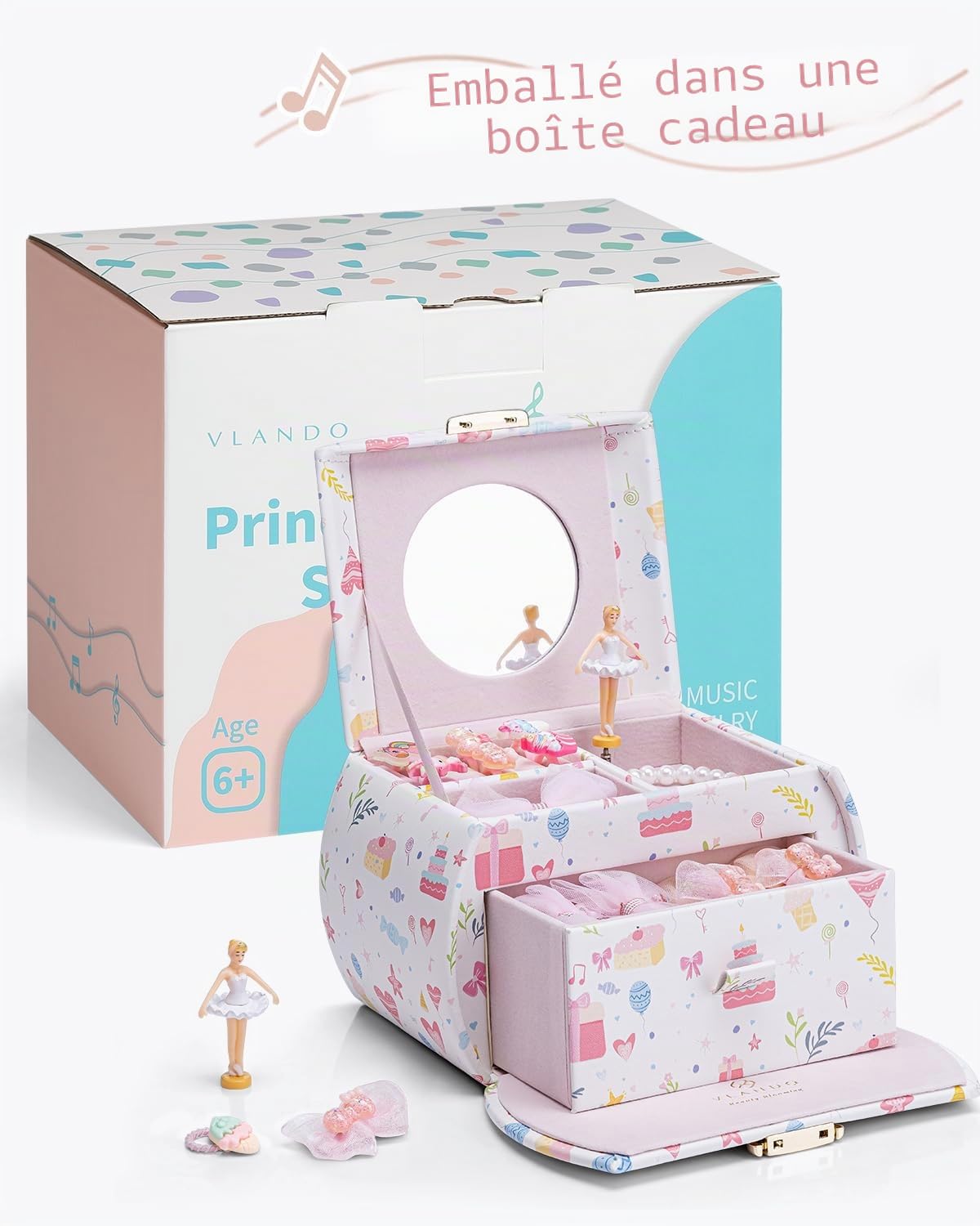 VLANDO Boîte à bijoux musicale pour fille avec tiroirs, cadeau d'anniversaire pour fille de 6, 7, 8 ans, boîte à bijoux pour enfants, ballerine, en cuir, avec mélodie canon et clés