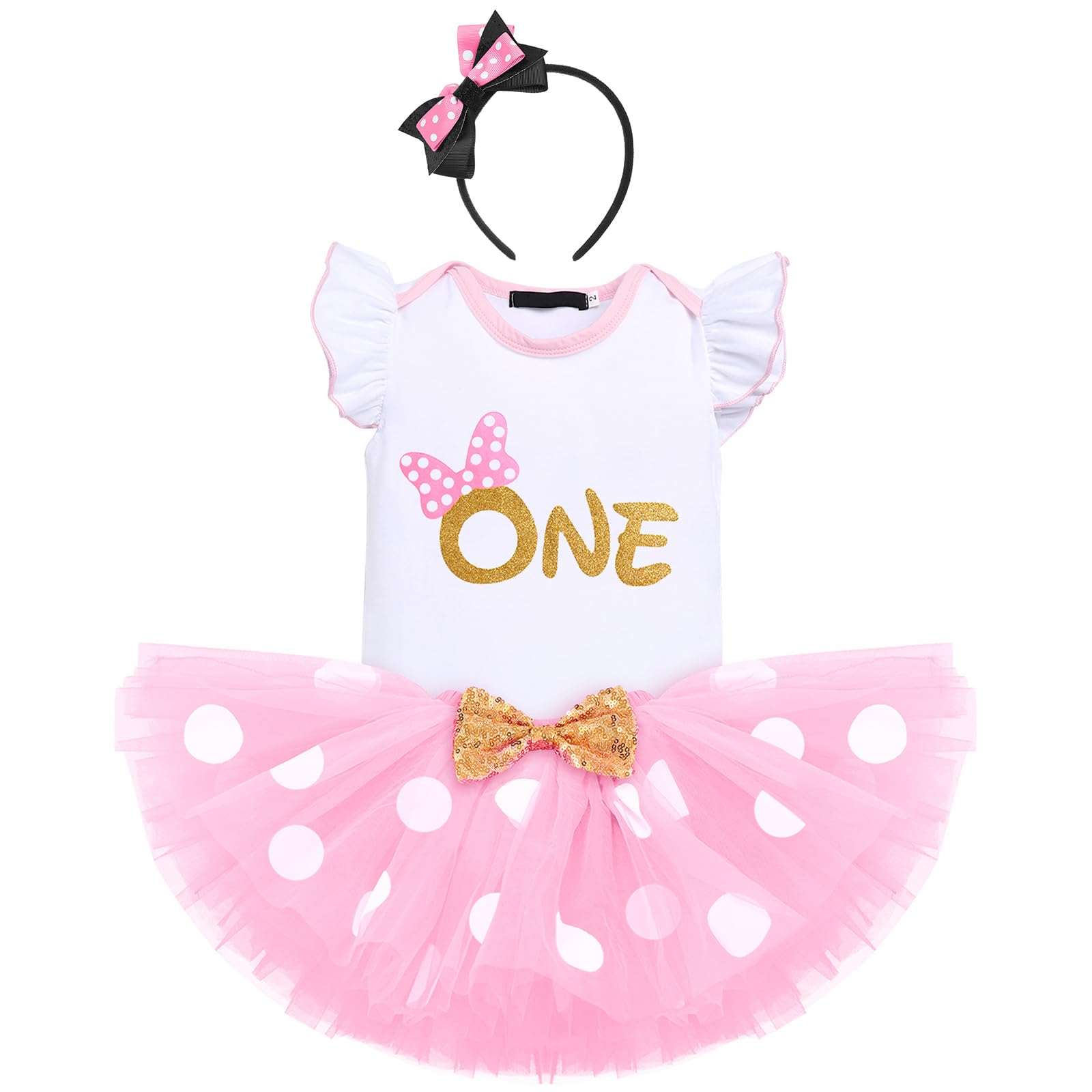 IBTOM CASTLE Trajes de cumpleaños de 1/2/1/2/3er cumpleaños para niñas pequeñas, disfraz de princesa, mameluco con volantes, camiseta + falda tutú de lunares + diadema, 3 piezas para sesión de fotos
