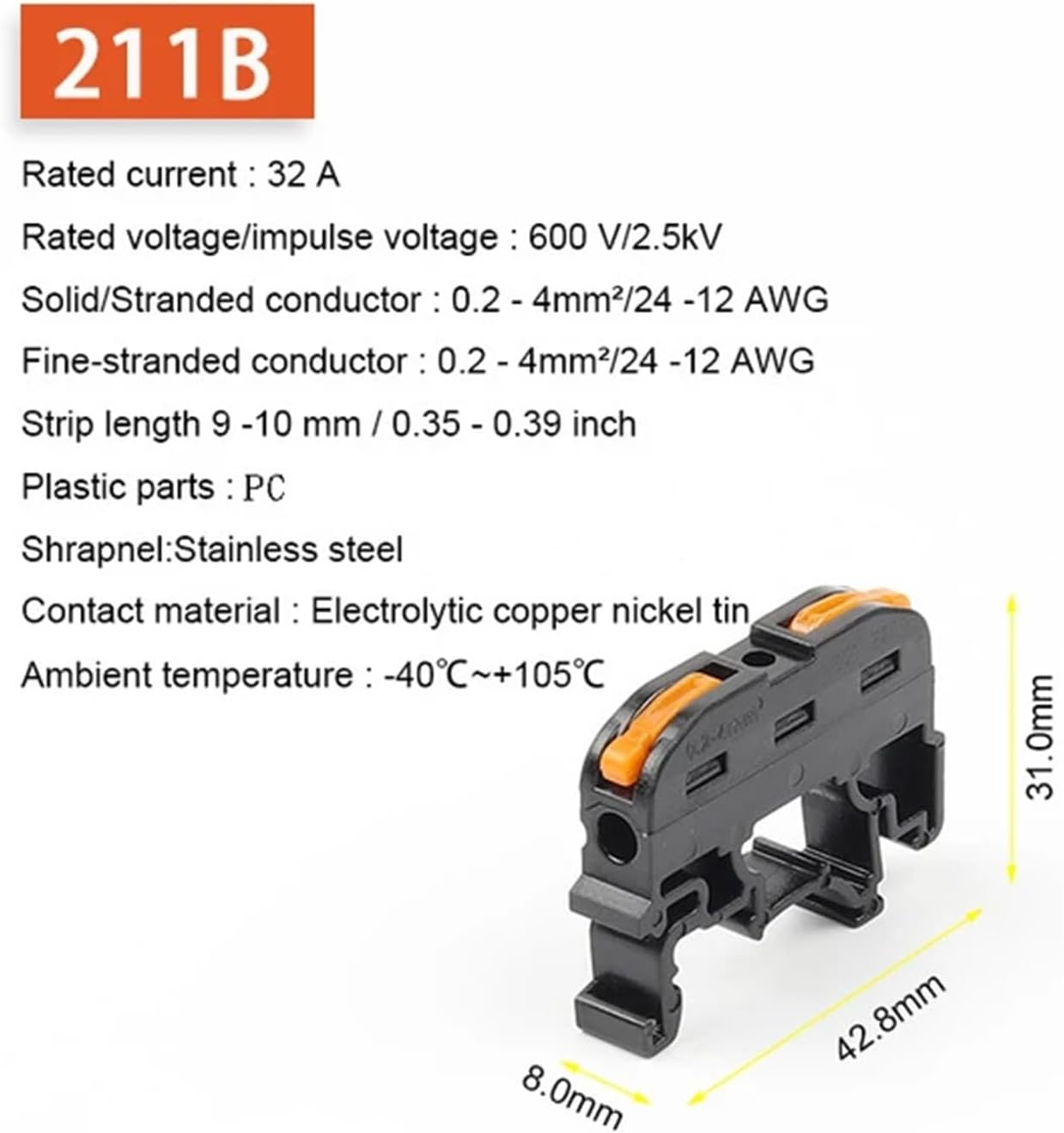 Quick Wire Connector 211 Din Rail Type Press Terminal Instead of UK2.5B Compact Splicing Conductor Cable Block SPL(211B,10PCS)