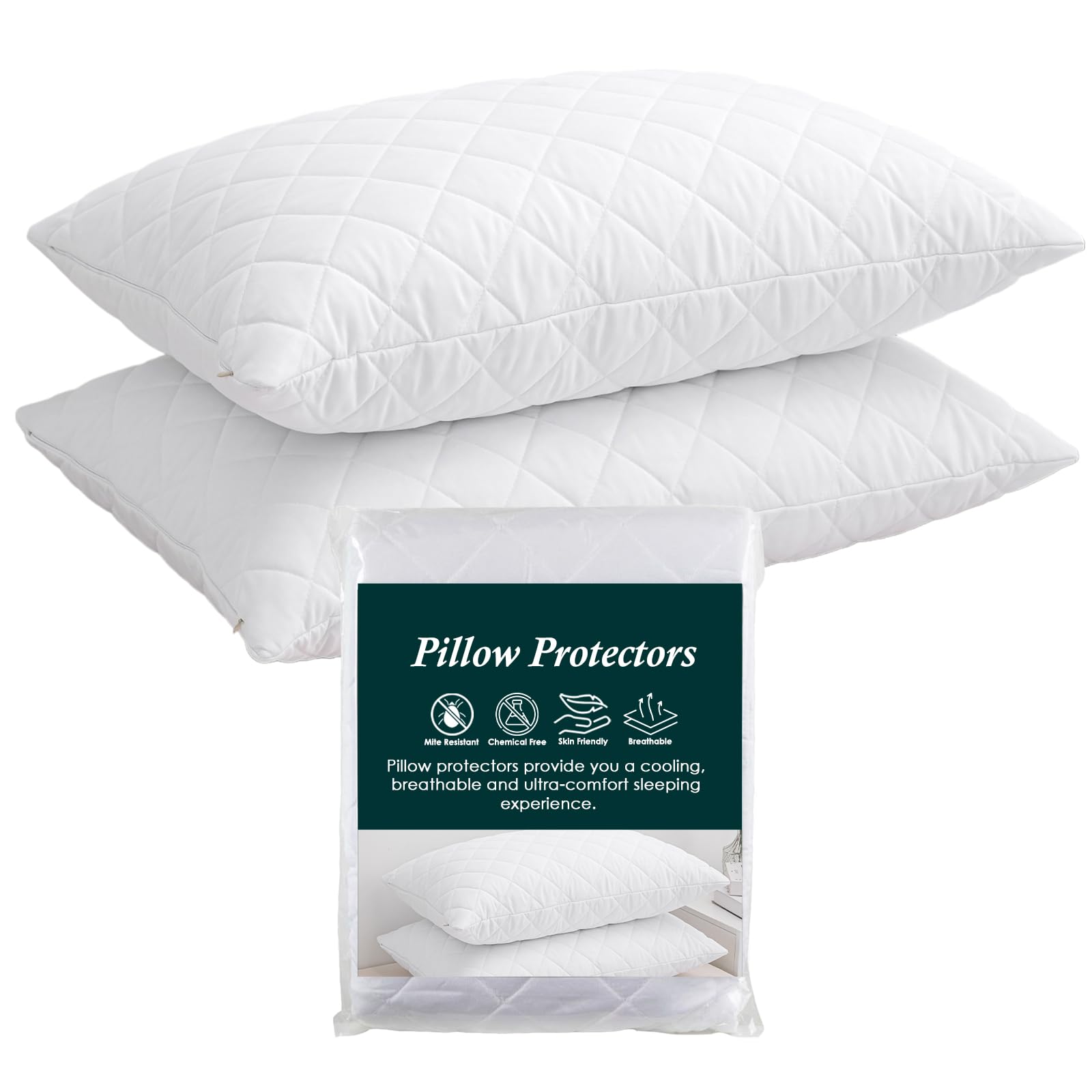 EDS Pillow Protectors 2 Pieces Quilted Zipped Anti Allergy Comfort White New