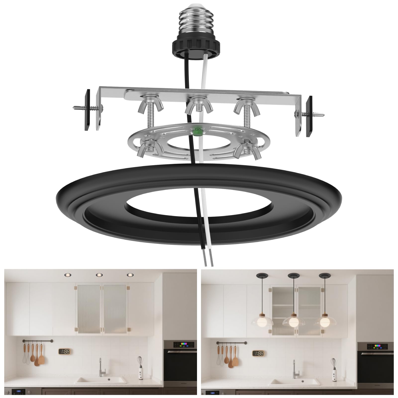 6-Inch Recessed Can Light Conversion Kit for Pendant Light or Ceiling Fan, Ceiling Fixture Adapter with 7¾" Decorative White Plastic Medallion, Retrofit Kit for 6" Recessed Housing — Amazon image 5
