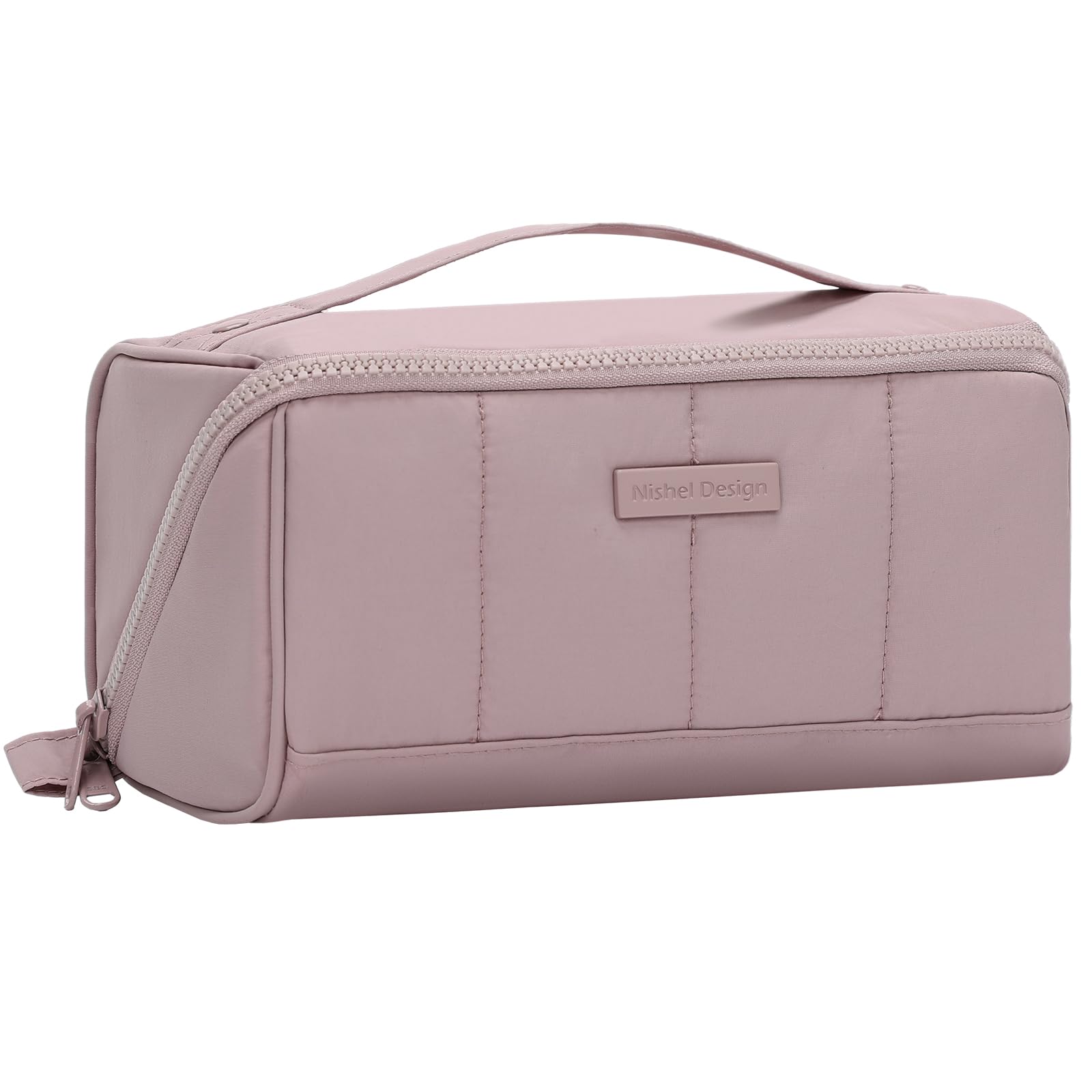 NISHEL Travel Makeup Bag for Women, Fluffy & Lightweight Open Flat Cosmetic Organizer with Multiple Functional Divider for Brush Independent Storage,