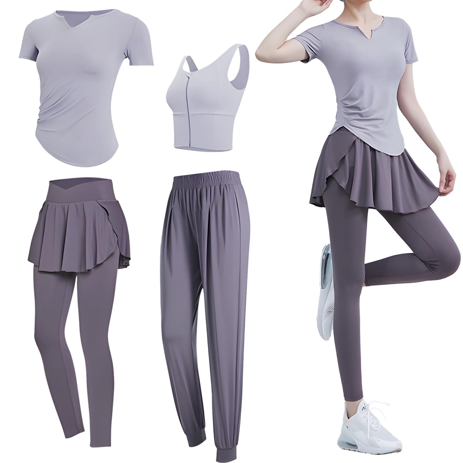Pilates - Set da allenamento da donna, 4 pezzi, include top da yoga, reggiseno, spandex/poliestere, taglia XXL (61-68 kg)