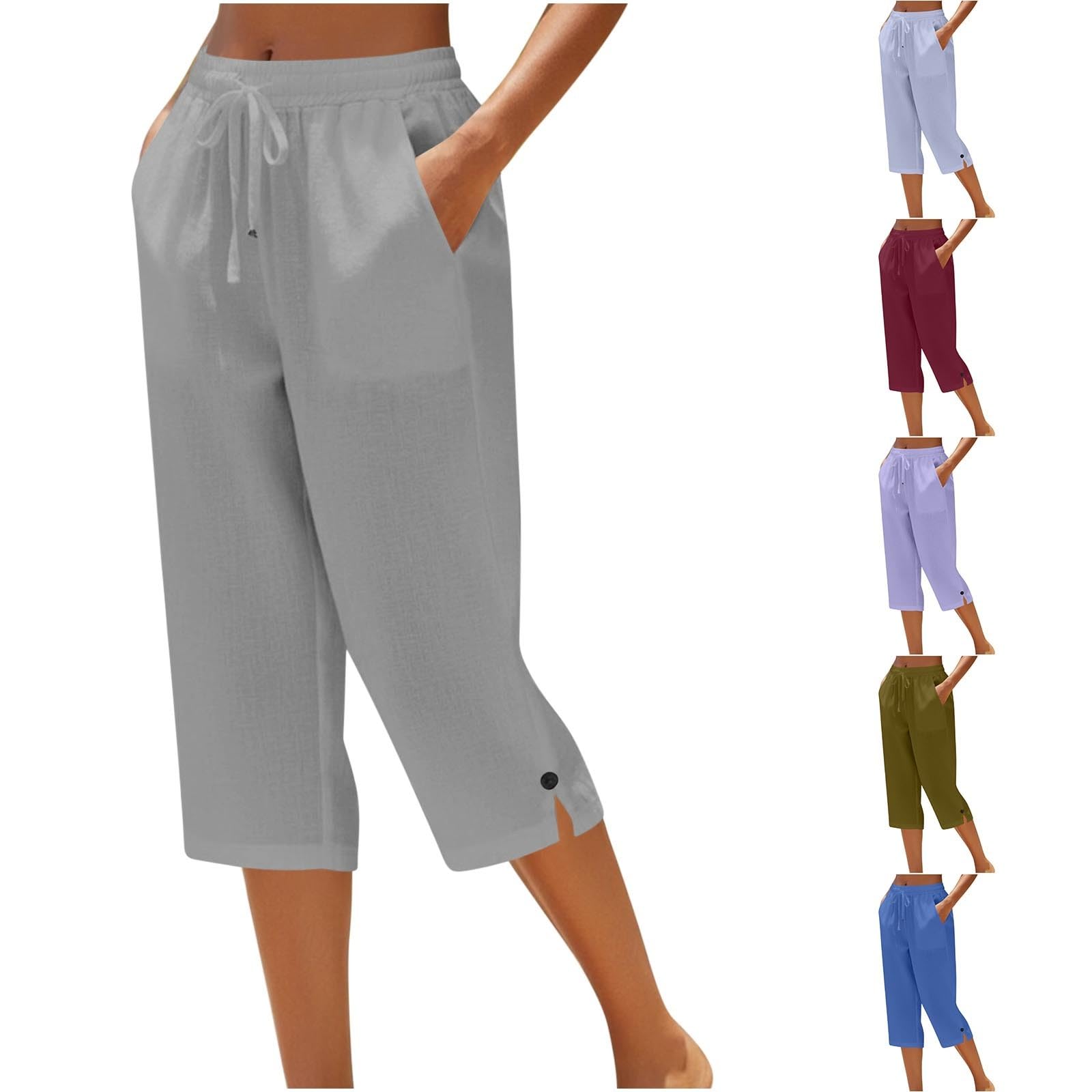 Sommerhose Damen Leicht Leinenhose Damen Sommer 3/4 Musselin Kurze Hose Leicht Leinen Sommerhose Mit Taschen Causal Atmungsaktiv Caprihose Elastische Bequeme Stoffhose Sport Freizeit Strandhose