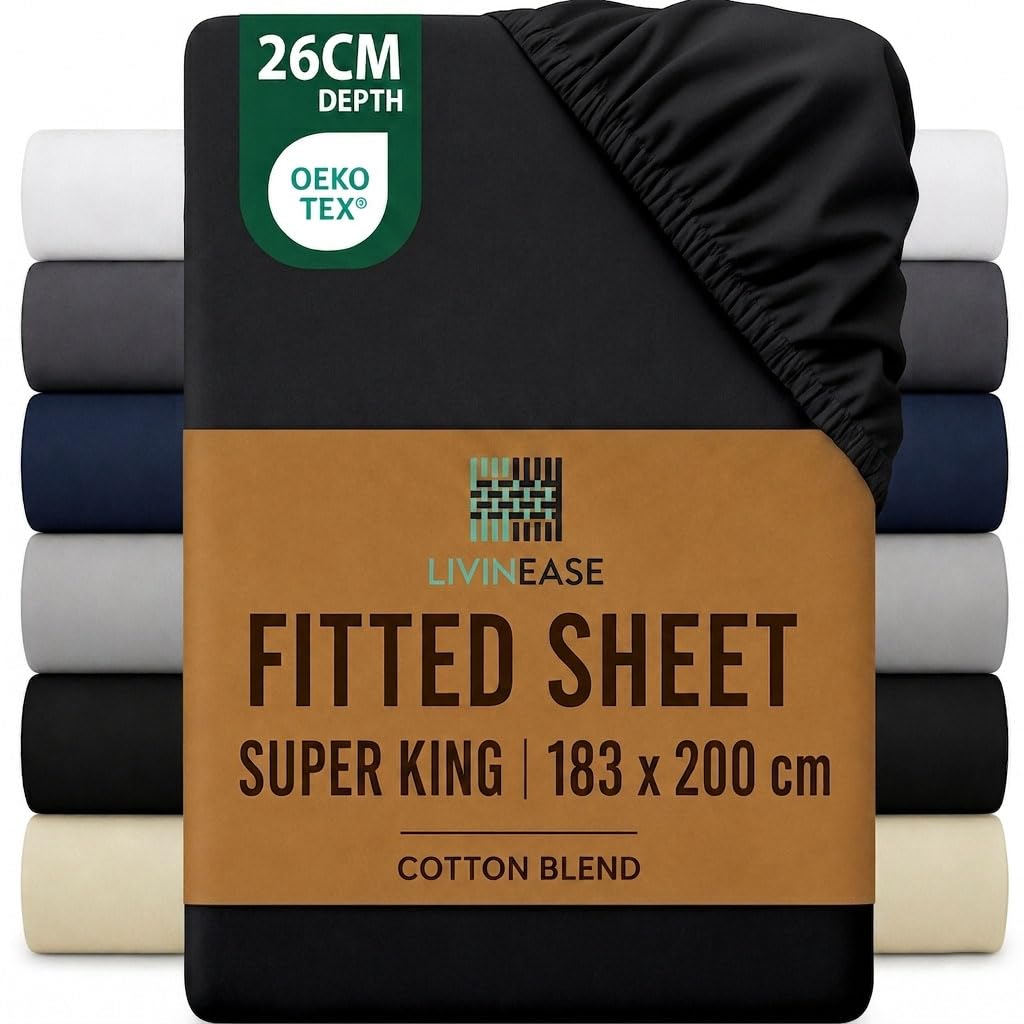 LivinEase Super King Fitted Sheet -10inch(26cm) Deep Cotton Blend Super King Size Fitted Sheets -Bobble Free, Easy Care, Soft and Comfortable Black Bed Sheets (Black, Super King)