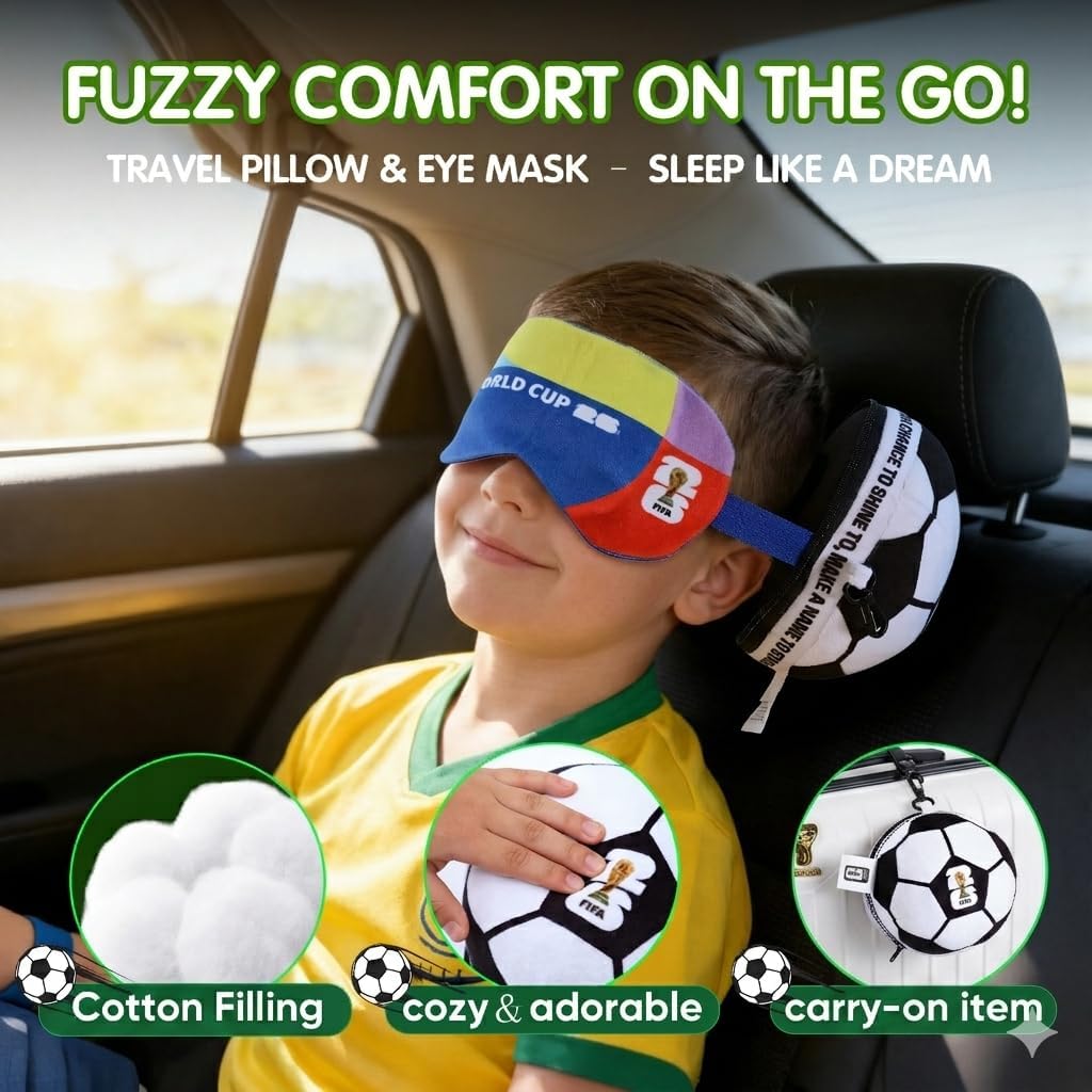 MESUCA FIFA World Cup 2026 Travel Pillow with Eye Mask, Soccer Ball Design Toy Plush 2-in-1 Neck Pillow, Ideal for Car, Airplane, Train Journeys, Kids Gift, FIFA World Cup 2026 Merchandise
