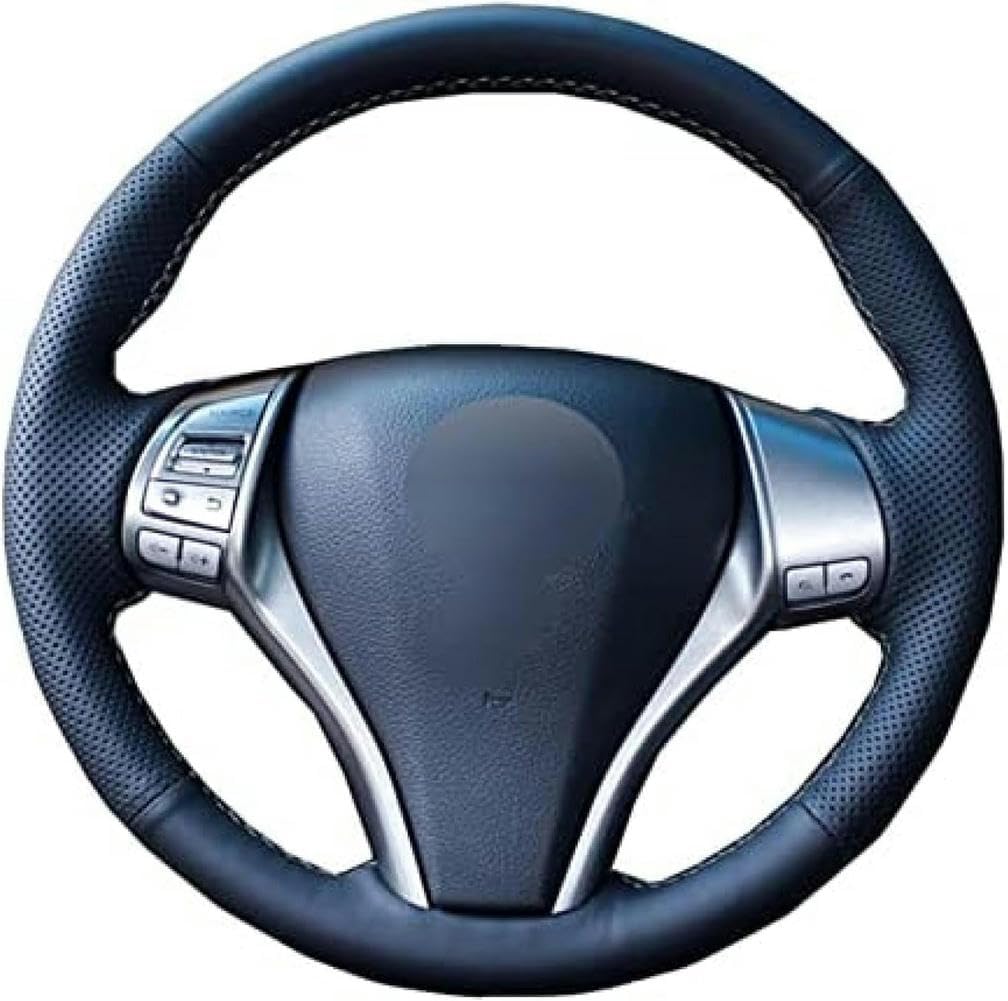 BOLNEY DIY Artificial Leather Steering Wheel Cover Hand-Stitched,for Nissan for Altima 2013-2018,Black Leather Car Steering Wheel Cover, Blue Thread