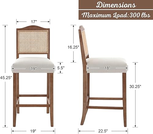 Miniatura 10 de Juego de 2 taburetes de bar de ratán de altura de mostrador, taburetes de bar de mediados de siglo con respaldo de madera, sillas de bar tapizadas
