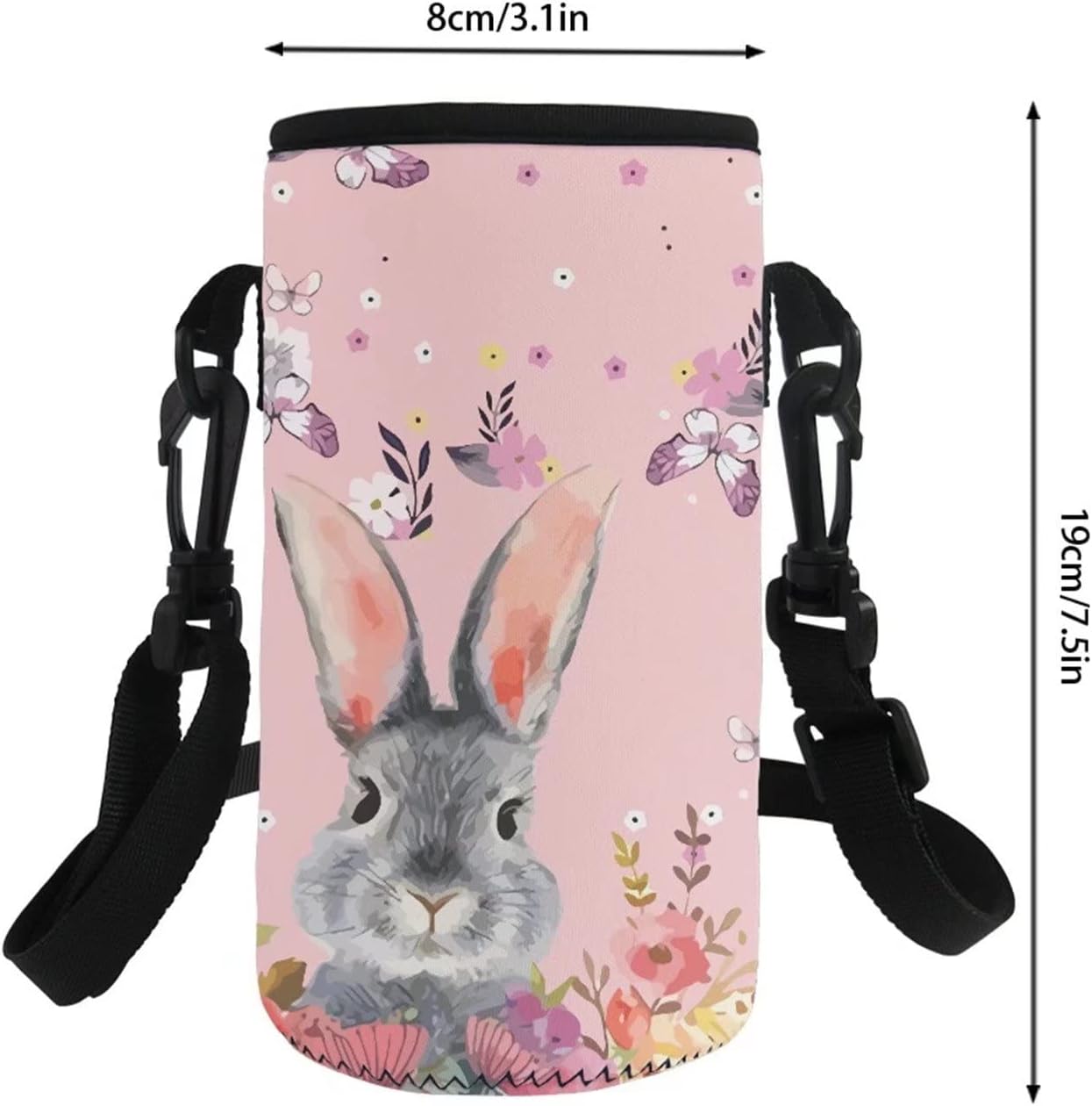 COEQINE Water Bottle Holder Print Floral Rabbit Pink,for Girls Women Outdoor Hiking Travel School Water Bottle Carrier Bag,Adjustable Shoulder Strap - Image 5