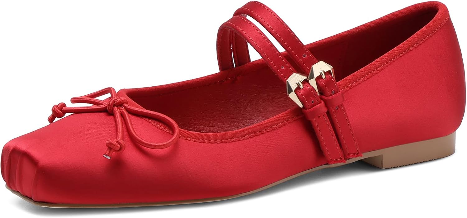 Ballet Flats for Women Closed Square Toe Low Heel Flats with Bow Double Buckle Straps Dress Cute Mary Jane Shoes for All-Year Daily Casual Wear