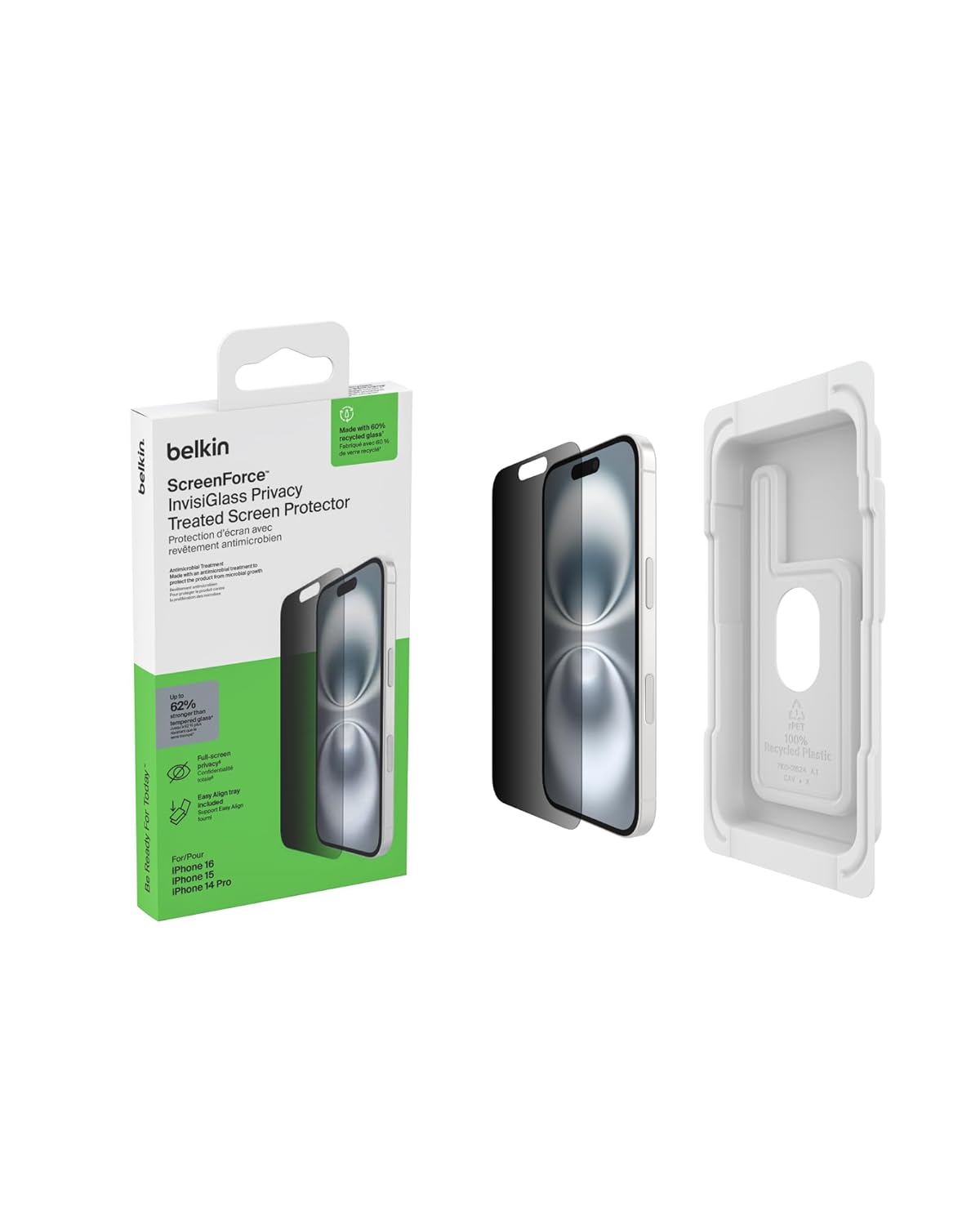 Belkin iPhone 16/15/14 Pro Privacy Tempered Glass Full Screen Protector with Easy Align Tray
