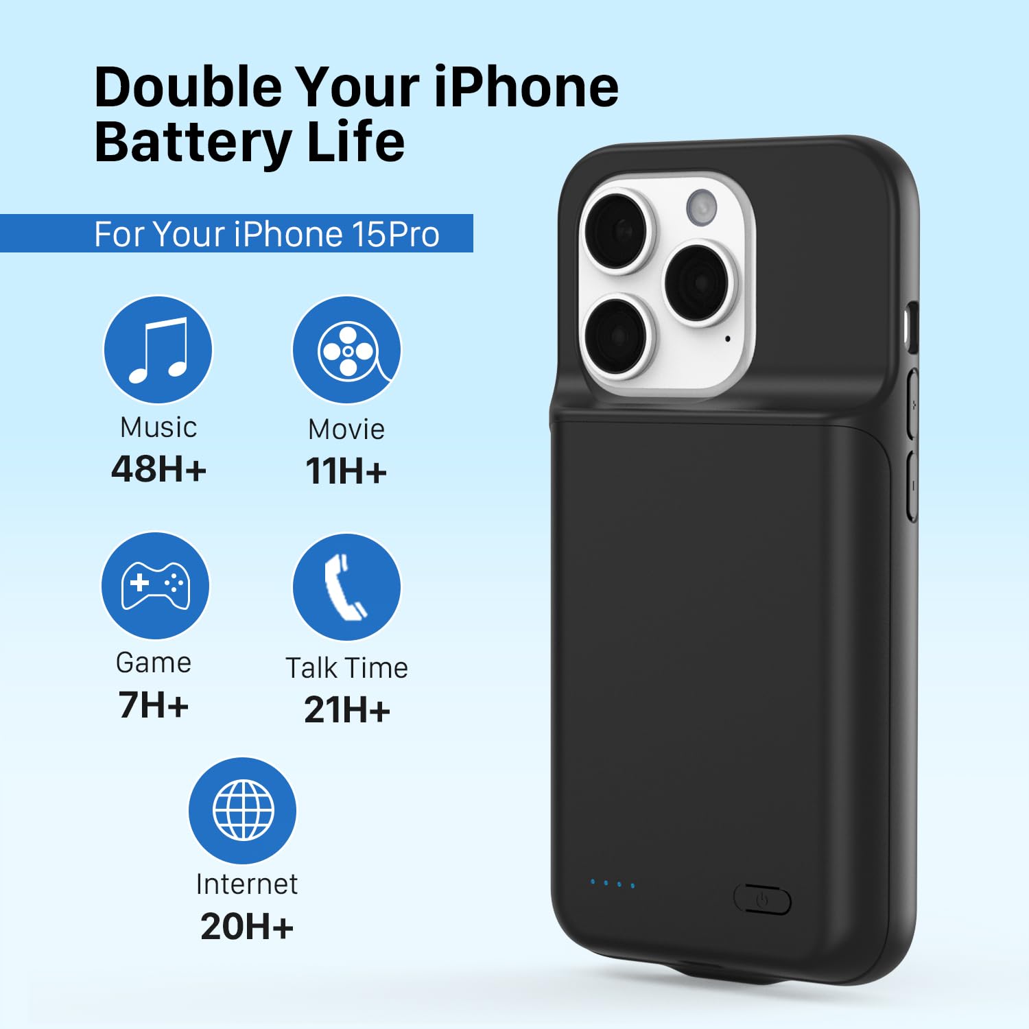 Custodia Batteria IPhone 15 Pro 6800mAh - Power Bank Integrata, Ricarica Portatile, Protezione Completa