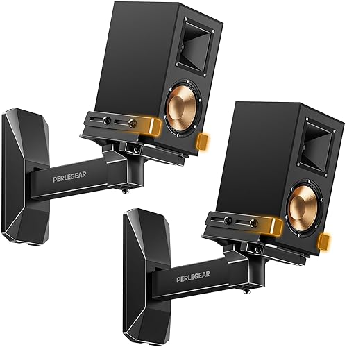 Perlegear Speaker Wall Mounts, Bookshelf Speaker Mounting Brackets with Dual Side Stable Clamp Design, Wide Tilt & Swivel Shelf for Large Surrounding Sound Speakers, Up to 55 lbs, 1 Pair
