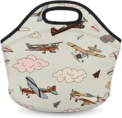 bisibuy Bolsas de almuerzo de neopreno con cremallera retro para aviones, aisladas, pequeña, hielera, bolsa de almuerzo, bolsa de picnic de viaje,