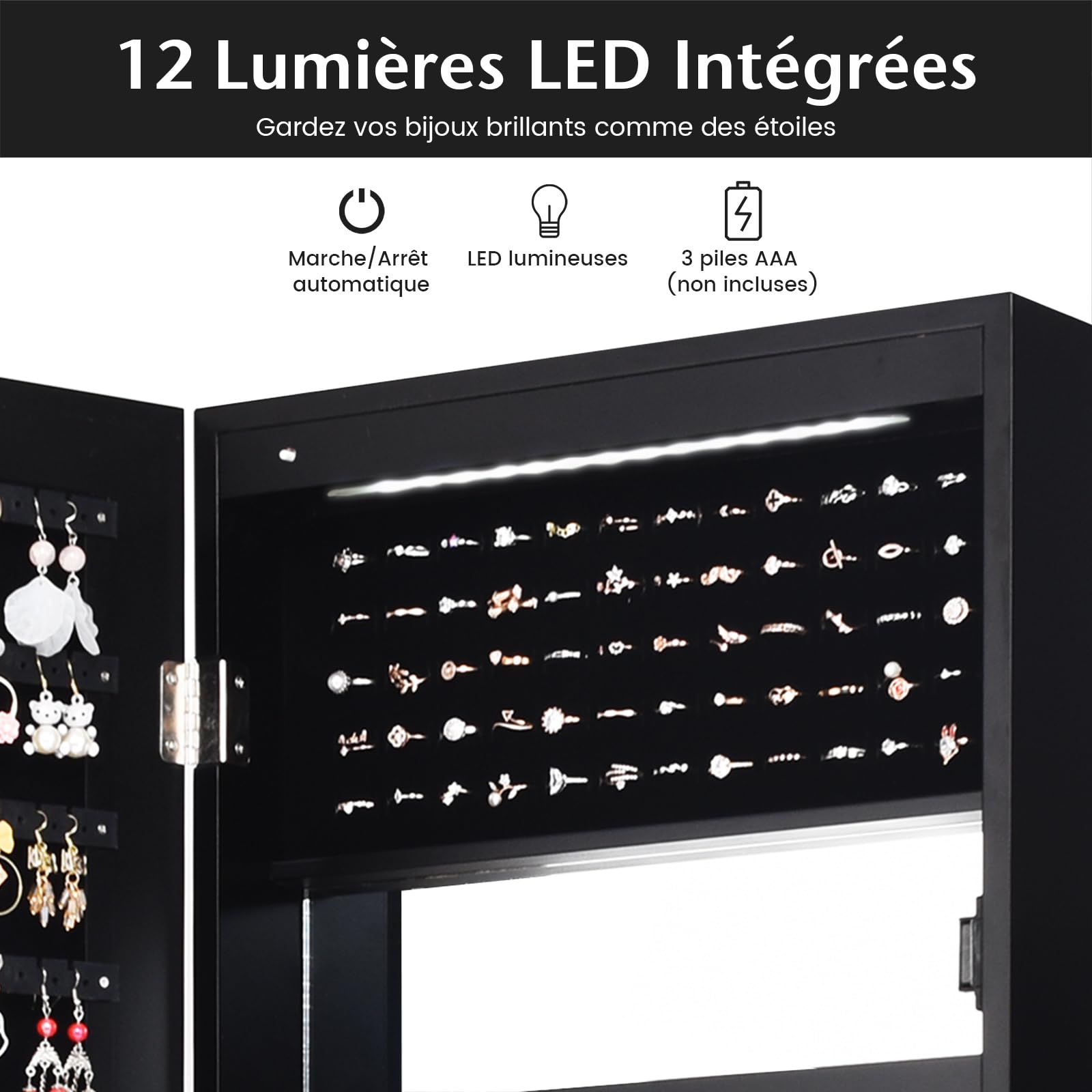 COSTWAY Armoire à Bijoux Murale avec Miroir 12 LED, Meuble de Rangement Verrouillable Pleine Longueur, Organisateur de Bijoux avec Étagères de Rangement, Style Scandinave, Noir