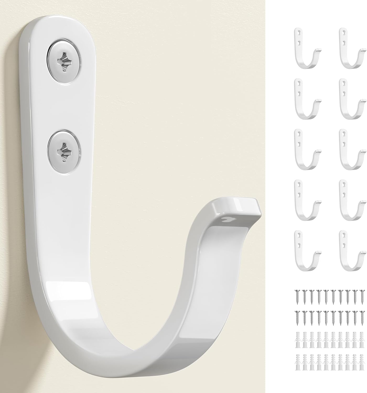 10Pcs Wall Hooks for Bathroom, Kitchen, Closet, and Garage - White Metal Hooks for Hanging Coats, Towels, Hats, Keys, Bags, and Coffee Cups - Holds Up to 40 lbs