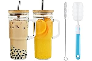 WellFine Glass Cups with Lids and Straws