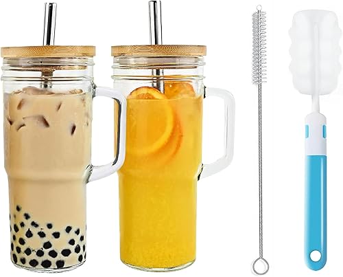 Paquete de 2 vasos de vidrio con tapas y pajitas, tazas de vidrio Mason con asa, vasos reutilizables para café, té de burbujas, batidos, jugo y