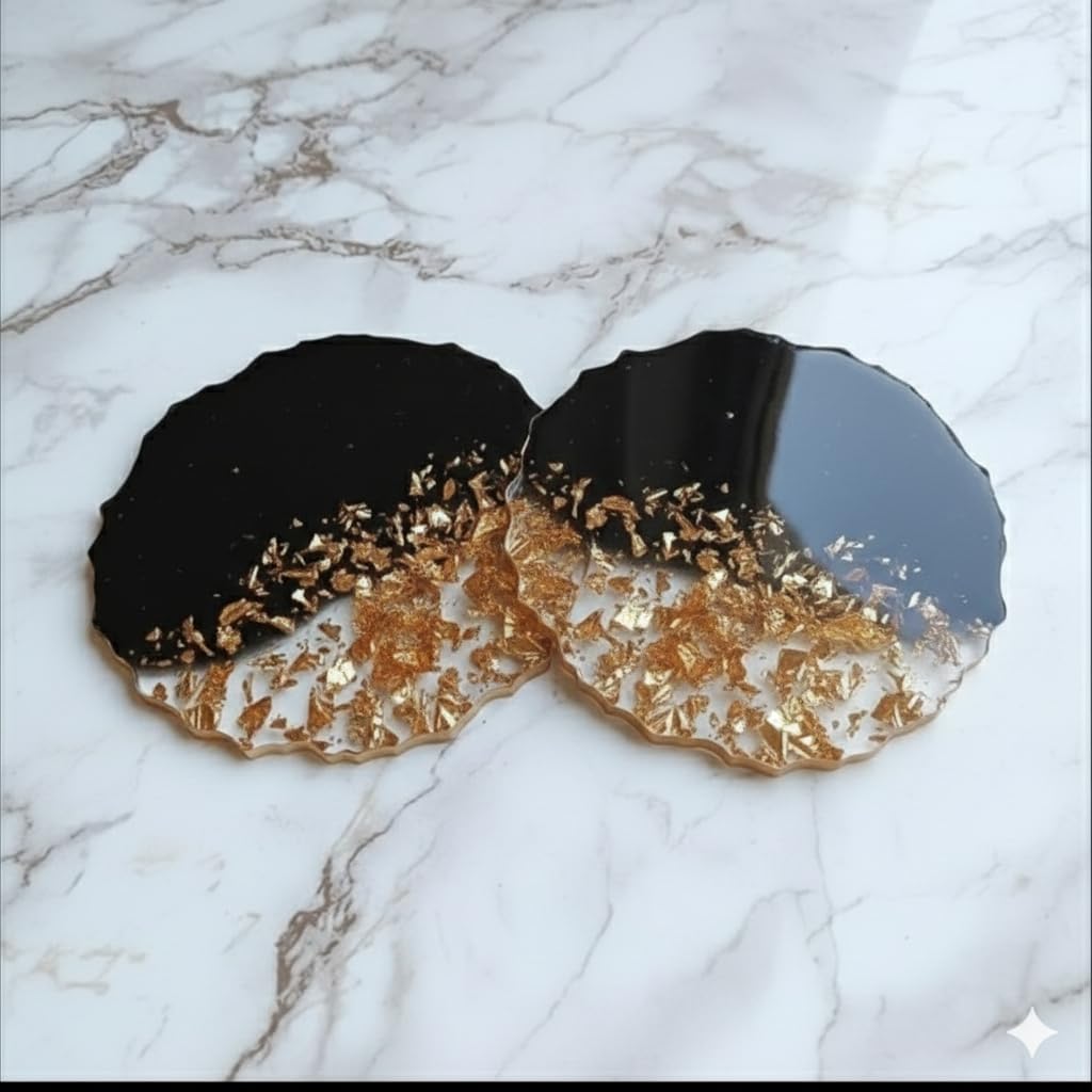 CBM Handmade Resin Coaster 4 Inch with Decorative Holder | Premium Tabletop Coasters for Tea Coffee Cups, Mugs & Beer Glass Elegant Indian Handicraft Serveware for Home, Office (2, Black)-image-46