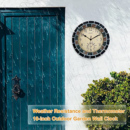 Ocest 10 Inch Outdoor Indoor Analog Clock, Waterproof Wall Clock With Thermometer, Weather Resistance Non-Ticking Battery Operated Décor Clock For Patio, Pool, Lanai, Fence, Porch, Garden, Bathroom #TOP4