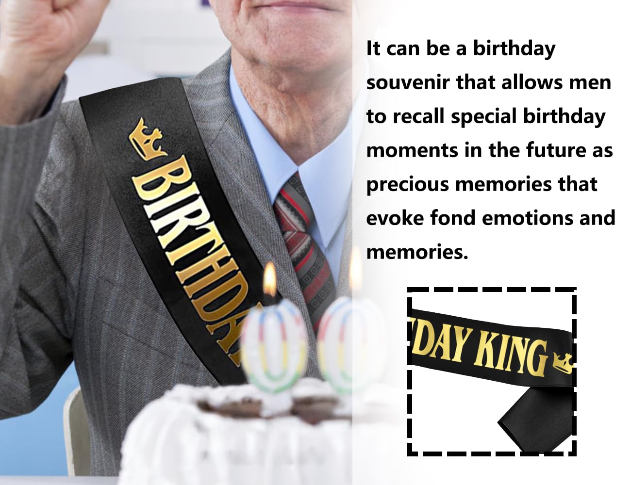KAPSING Birthday King szarfa urodzinowa, męska szarfa urodzinowa, dekoracja urodzinowa, Boy Sash czarna, baner z okazji urodzin, dekoracja na przyjęcia urodzinowe