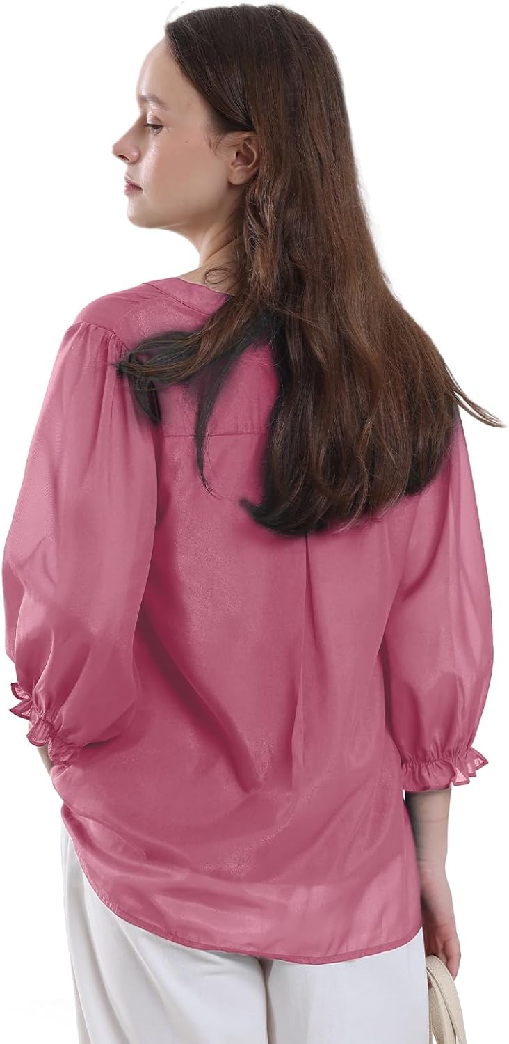 Women's Casual Chiffon Blouses V Neck 3/4 Sleeves Tops Fall - Image 3
