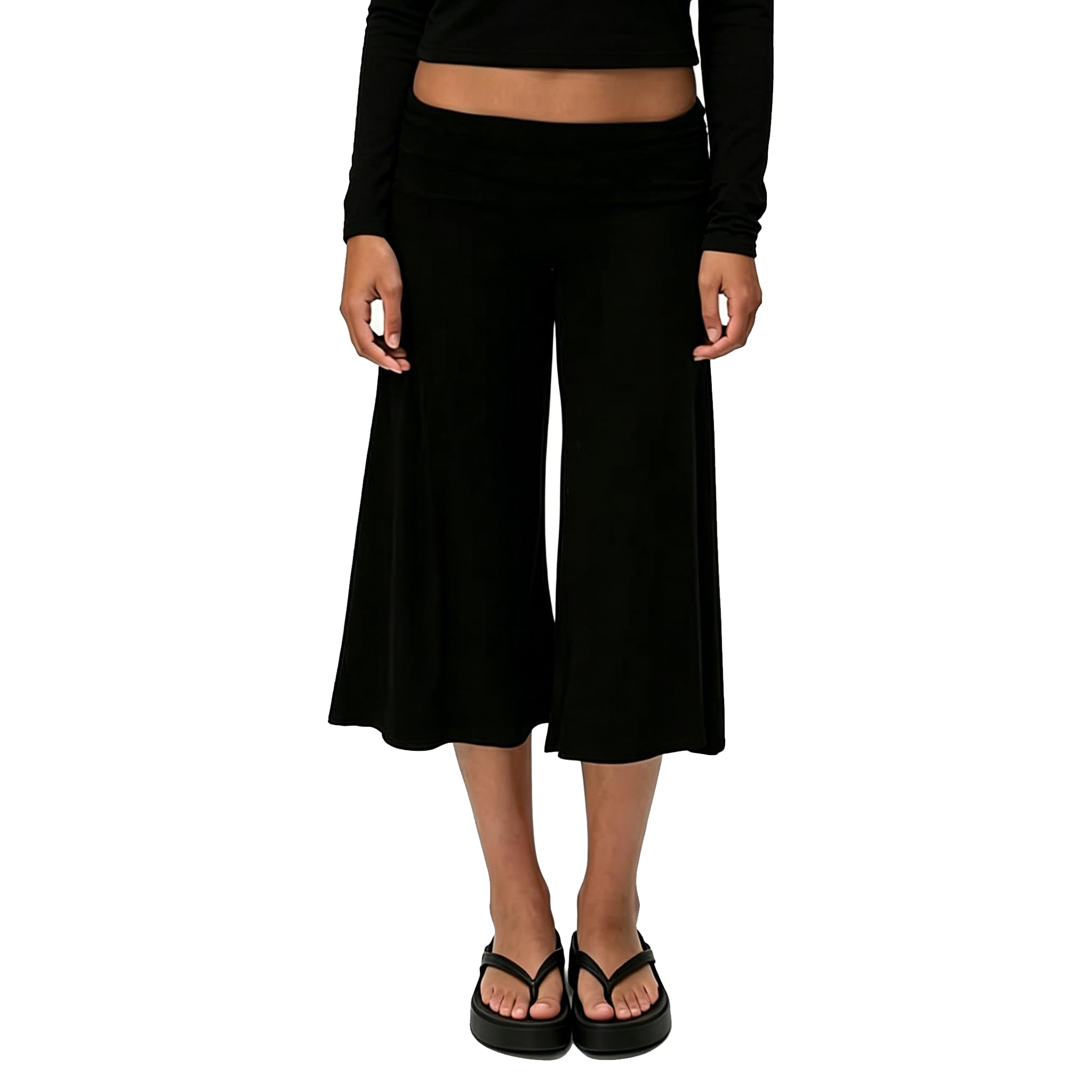 Photo 1 of JINZIYINZI Fold Over Gaucho Pants for Women Low Rise Foldover Capri Flowy Pants Y2k Wide Leg Yoga Culottes Leggings Summer (Black, L)