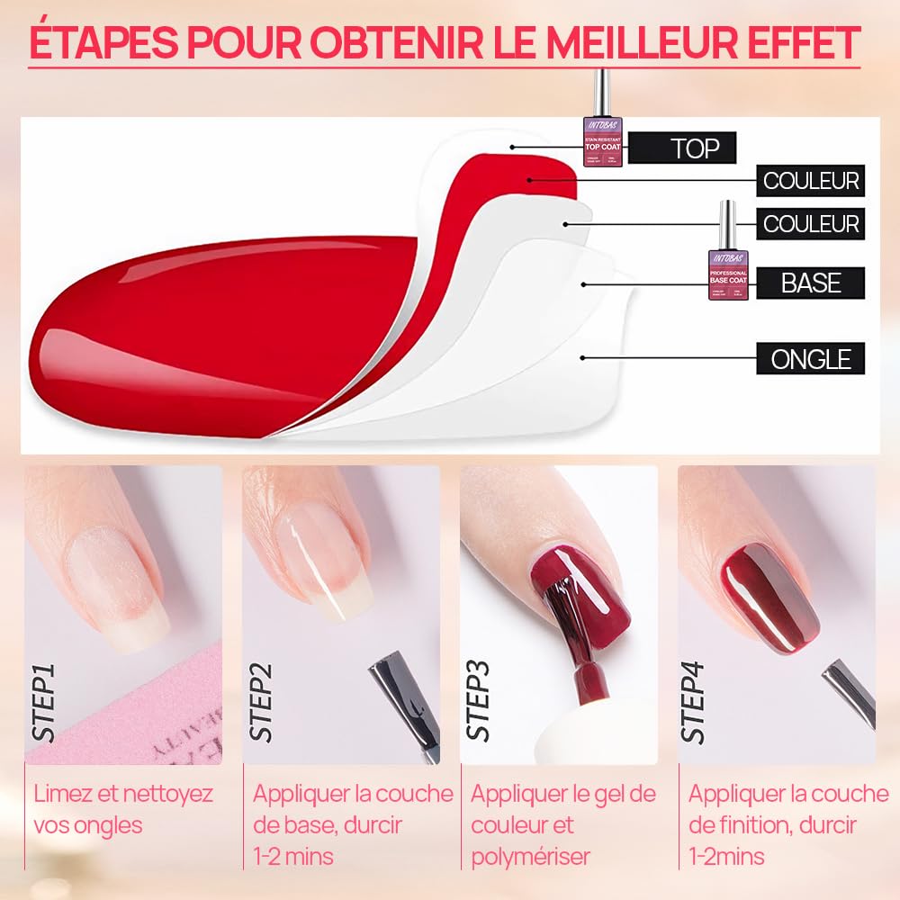 INTOBAS Base et Top Coat Vernis Semi Permanent 2*15ML, No Wipe Top Coat et Base Coat Semi Permanent Kit, Vernis à Ongles Soak-Off UV/LED Gel Semi-Permanent Manucure, Longue Durée, Adapté Au Nail Art