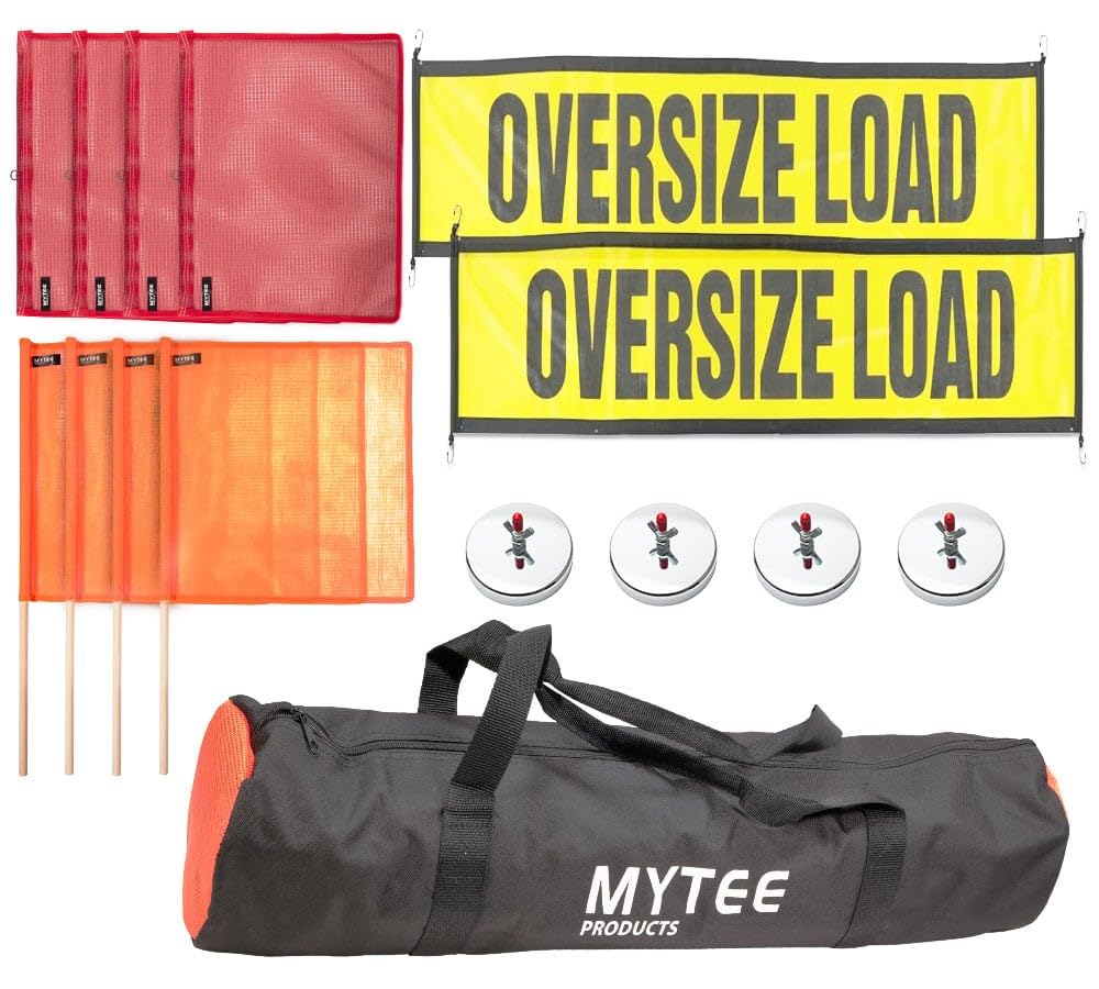 Mytee Products 15 Pcs Magnetic Oversize Load Sign Kit - 2 Mesh Oversized Load Banner, 8 Pcs Mesh Warning Flag w/Wood Dowel & Wire Loop, 1 Bag & 4 Magnetic Flag Holder for Construction, Pedestrian Sign