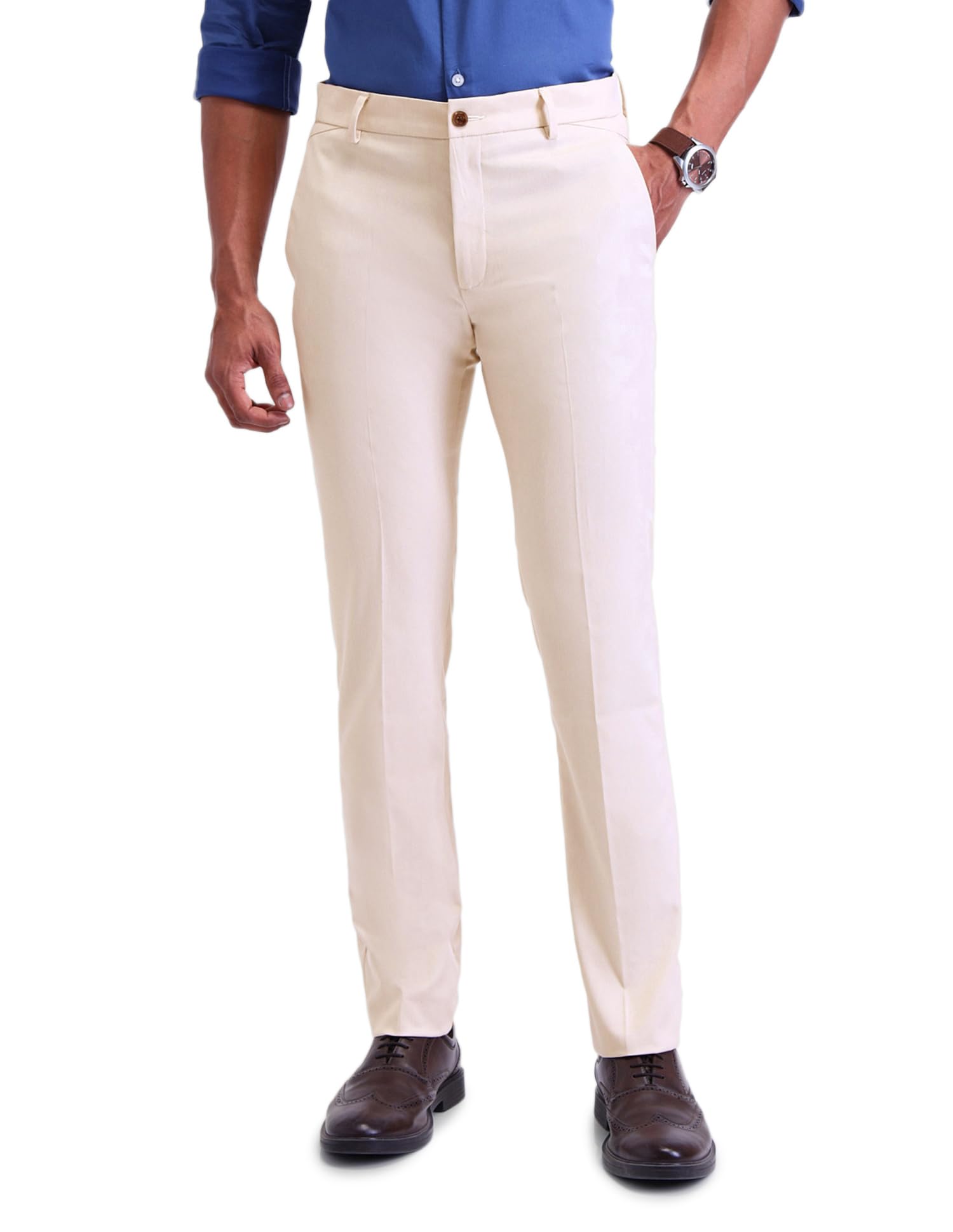 New York Men's Beige Self-Design Mid Rise Polyester Button Slim Fit Flat Front Slant Pocket Trousers-image-39