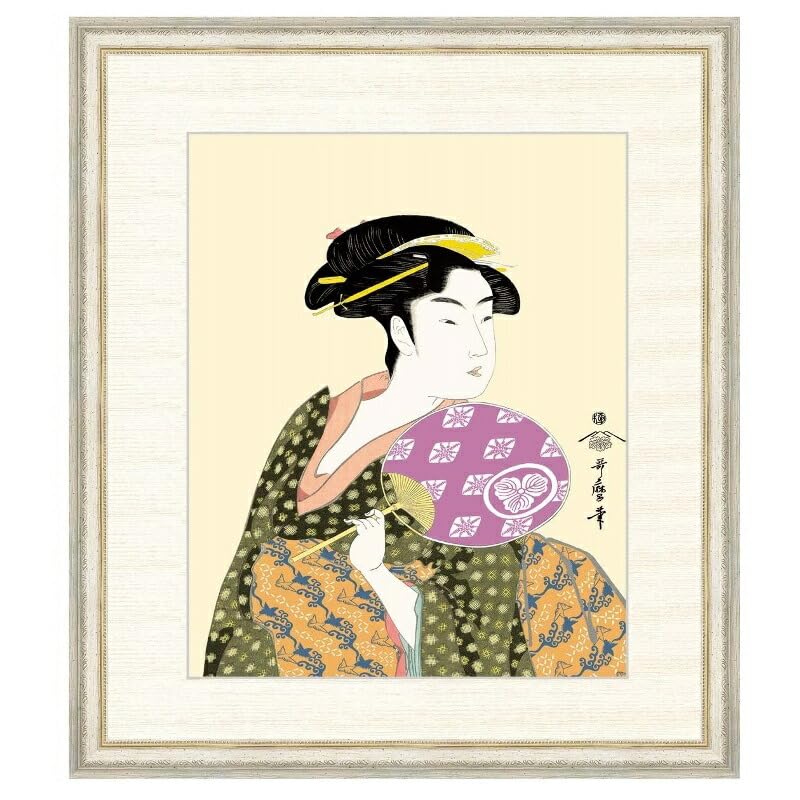 絵画　浮世絵 美人画 「団扇を持つおひさ 」喜多川歌麿 額入り 蔦屋重三郎銘 絵画 浮世絵 美人画 「団扇を持つおひさ 」喜多川歌麿 額入り 蔦