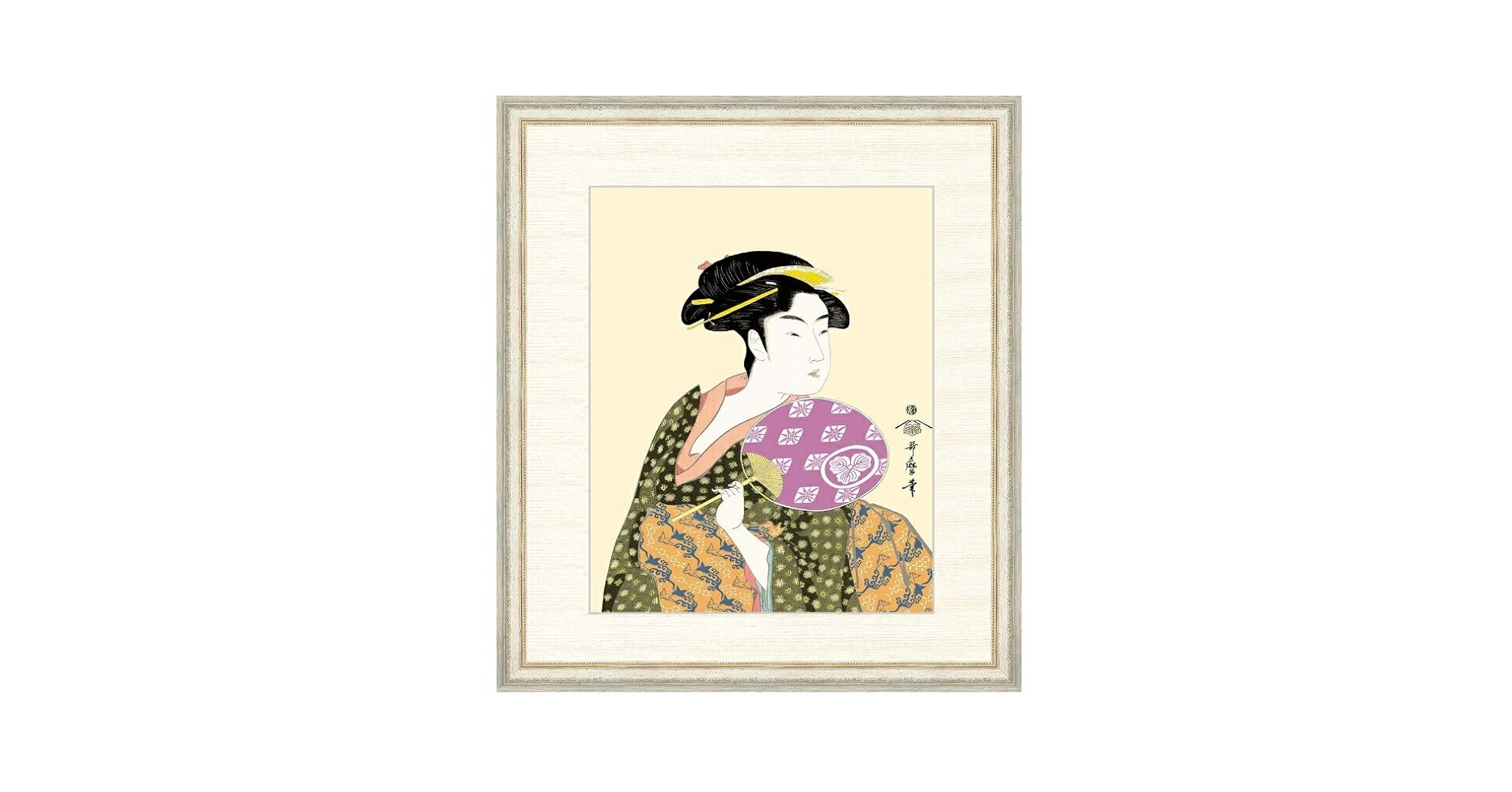 絵画 浮世絵 美人画 「団扇を持つおひさ 」喜多川歌麿 額入り 蔦