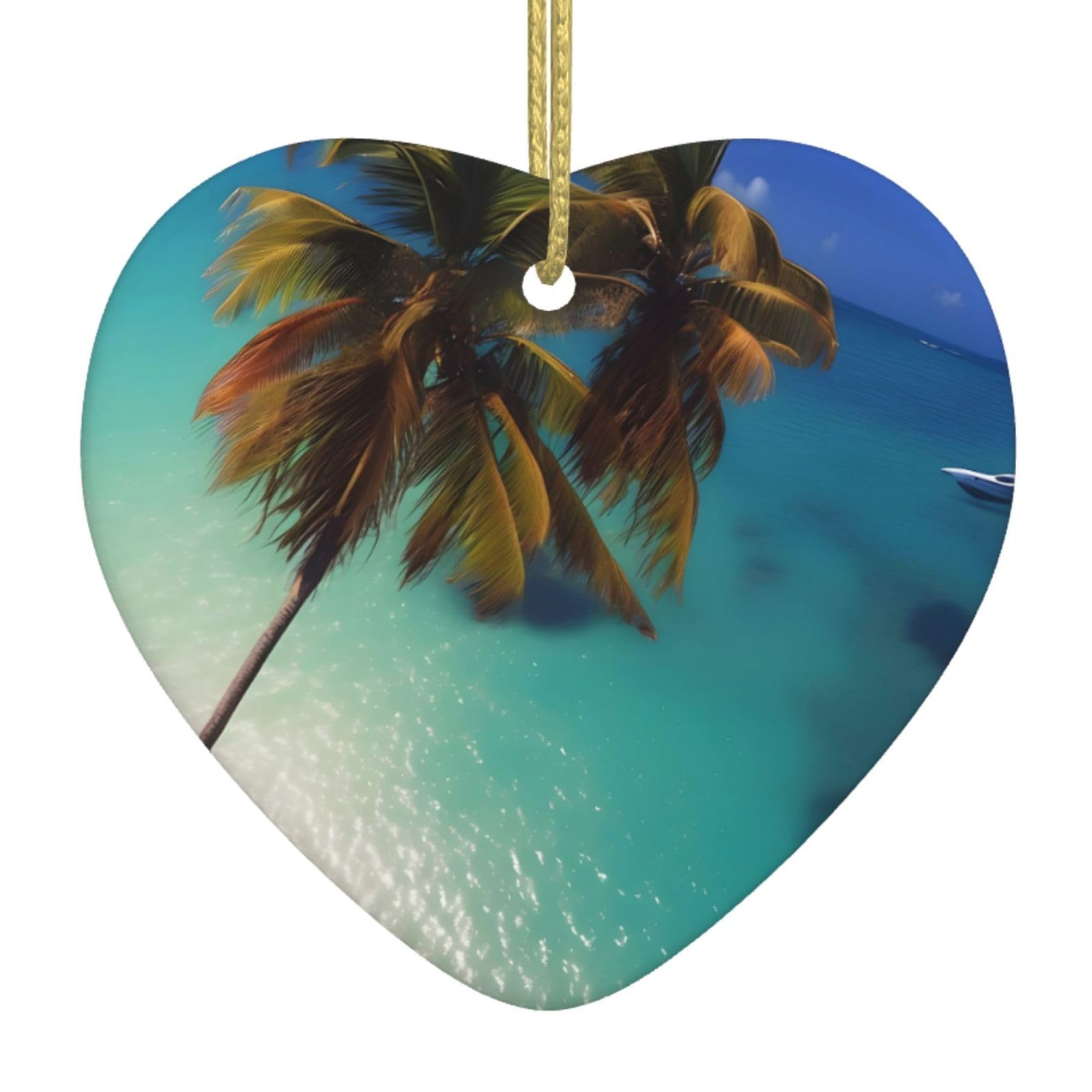 Beach Coconut Sunshine Ceramic Heart Pendant With Hole And Gold Rope For Christmas New Year Home Hanging Decoration