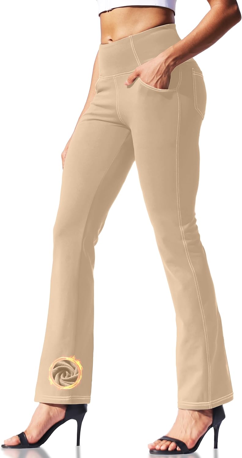 VOOVEEYA Women's Fleece Lined Leggings Flare Pants with Pockets Thermal Warm High Waisted Winter Bootcut Yoga Dress Pants
