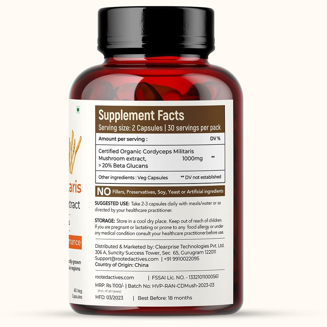 Rooted Active Naturals Organic Cordyceps Militaris Mushroom Extract Capsules, 500mg, 60 Count, Energy, Endurance, Performance (Pack of 2) - Image 2 thumbnail