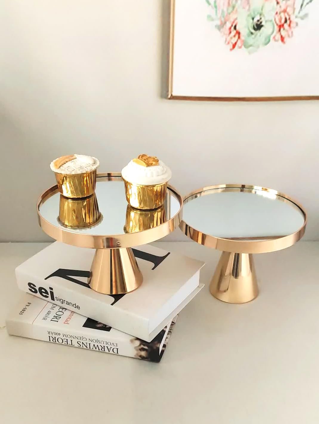 2pcs 8 Inch Round Metal Cake Display Stand with Mirror Top Plate, Gold Fondant Cake Cupcake Dessert Fruit Stand Pedestal, Bakeware Wedding Birthday Baking Party Supplies Centerpiece