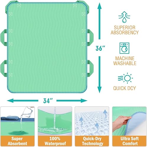 Miniatura 2 de i COVER Almohadilla de cama de posicionamiento de 34 x 36 pulgadas con asas reforzadas, almohadillas de incontinencia impermeables y reutilizables