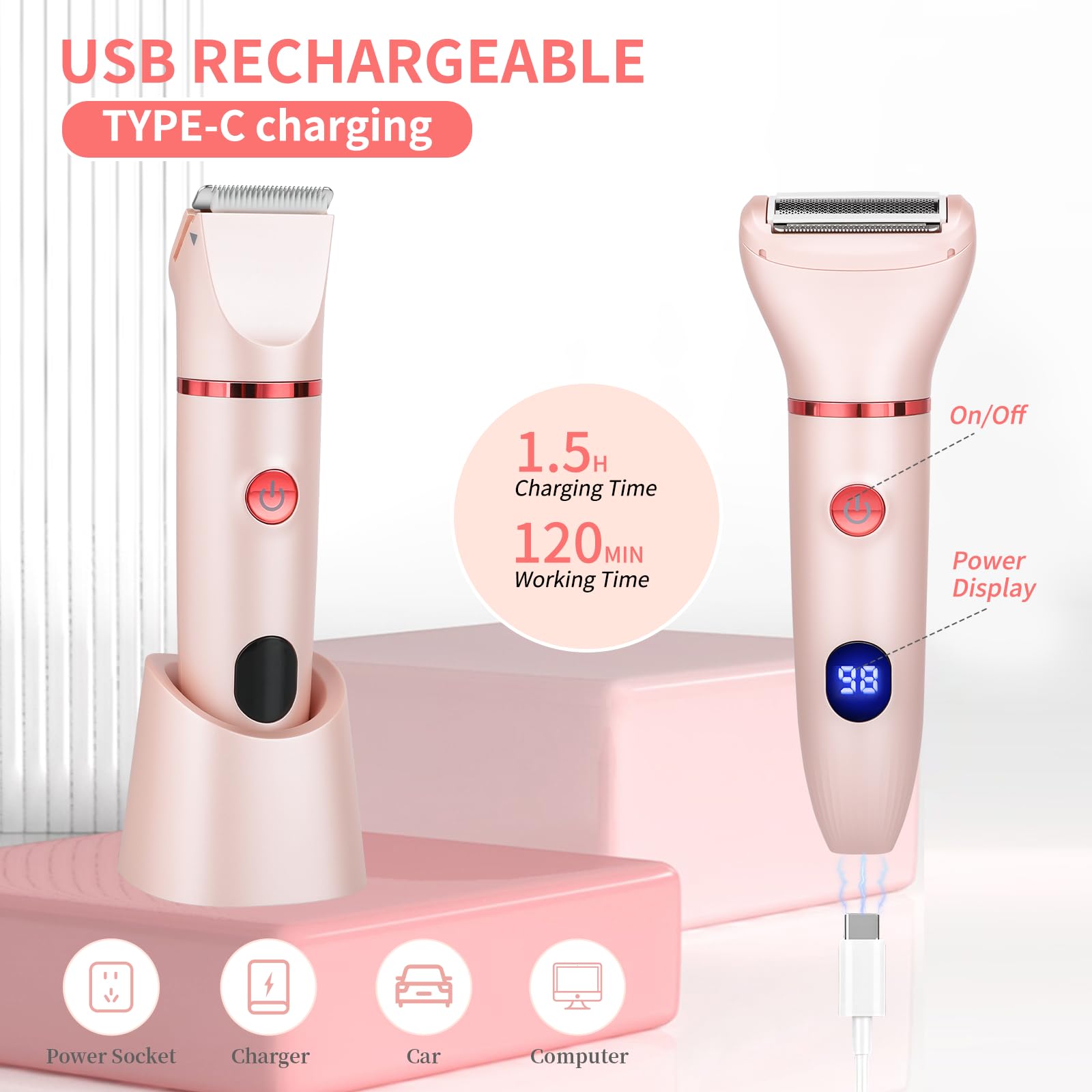 Cozary Rasoio Elettrico Donna,3 In 1 Depilatore Corpo,Rasoio Elettrico Impermeabile,Rasoio Intimo a Secco e Bagnato,Rasoio Parti Intime Donna per Viso, Corpo, Soprocciglia e Inguine